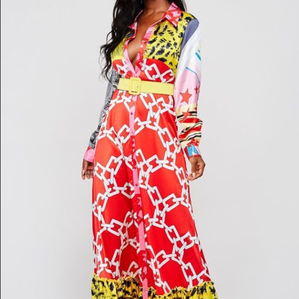 Geometric Multi Print Belted Maxi Dress